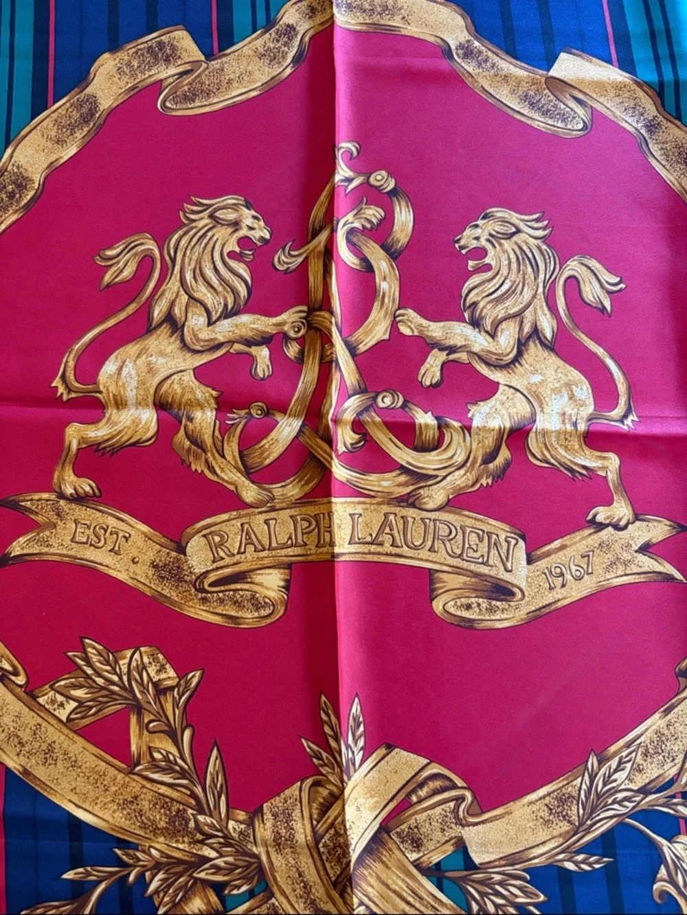 Vintage Ralph Lauren Gold and Red Double Lion Silk Scarf — Gold,NavyRed & Green